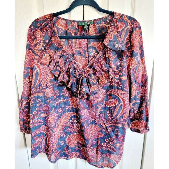Lauren Ralph Lauren L Top Women's Blue Red Floral‎ Blouse Boho Romantic Ruffles - Picture 1 of 7